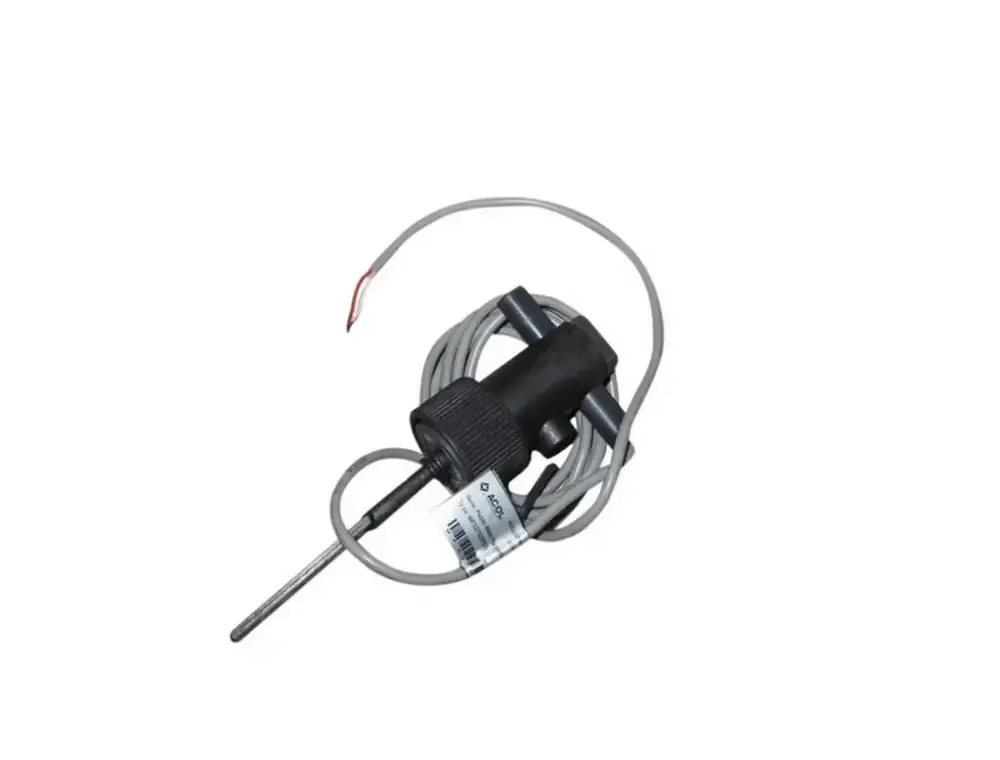 Temperatursensor i plast med metallprob trots fullt flöde, svart med grå kabel